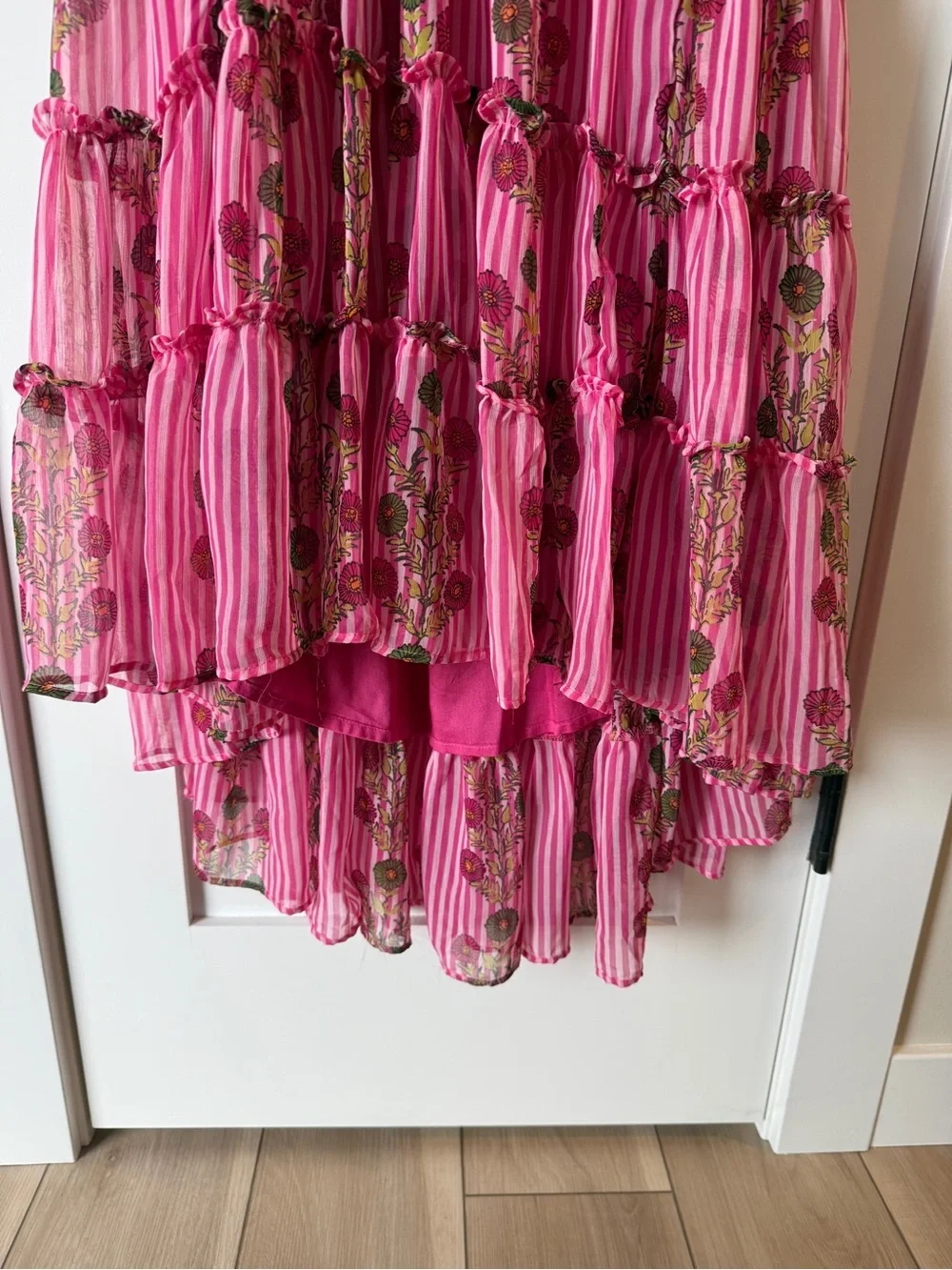 NWT Free People Midi Smocked Dress Pink Stripe Floral Ruffle Large - Picture 2 of 9